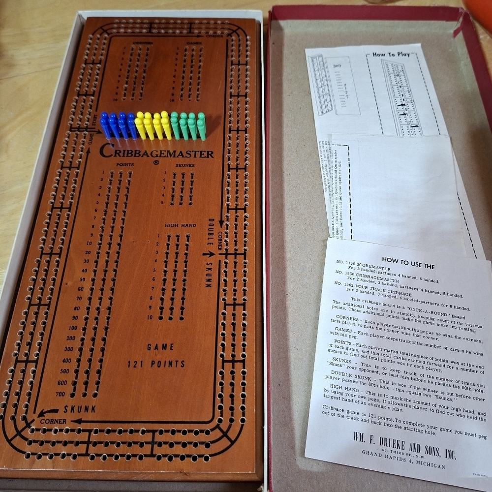 Vintage Cribbagemaster Drueke Model 1950 Once-A-Round Three Track Cribbage Board